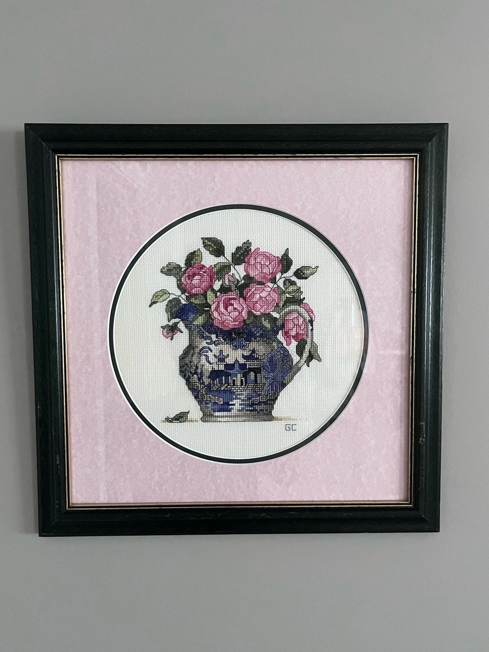 Vintage Framed Cottagecore Cross Stitch Chinoiserie Blue Willow Pitcher Roses
